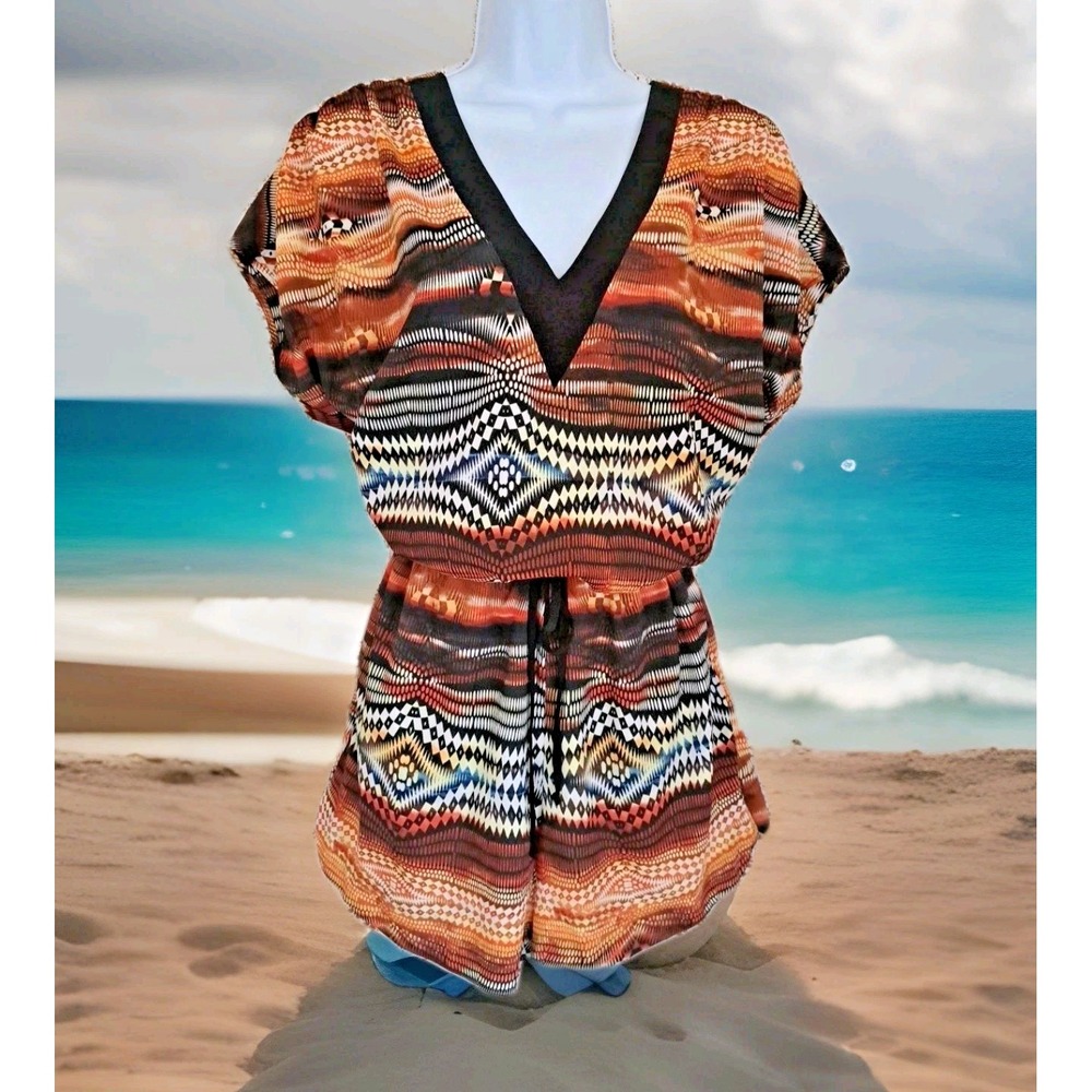 Bisou‎ Bisou Romper S Brown Aztec V-Neck Blouson Shorts Pockets Drawstring Waist
